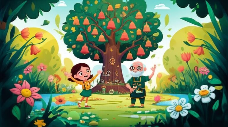 História Infantil: Uma menina, um inventor e uma árvore em um jardim secreto, criando uma melodia para o Dia das Mães, simbolizando o amor e a gratidão.