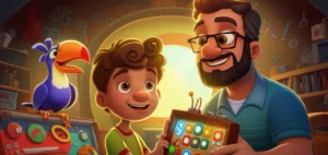 História Infantil sobre Dia dos Pais com Pedrinho apresentando sua máquina de memórias ao pai, Seu Jorge, e a tucana Tuca observando, em um porão de invenções.