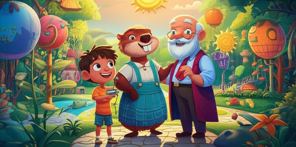 História Infantil sobre Direitos humanos: Ilustração colorida dos personagens Dona Cotia, Léo e Professor Gaspar em Solaris, representando a união e a importância de ouvir todas as vozes para uma comunidade justa.