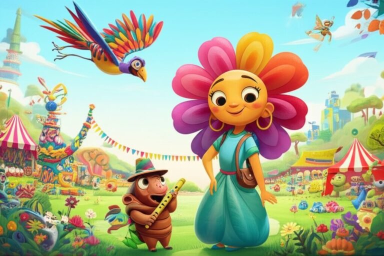 História Infantil sobre Diversidade: O Festival das Coores de Harmonia, uma ilustração colorida dos personagens Jasmim, Caco e Léo celebrando a diversidade em um festival vibrante.