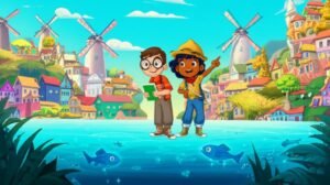 História Infantil sobre Ecologia: Ilustração de Léo e Aysha na Cidade Flutuante, contemplando o Rio Celeste.
