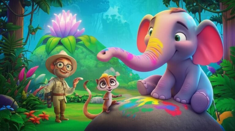 História Infantil sobre Elefante: O Pintor de Luar do Vale dos Sussurros. Imagem colorida de um elefante pintando com sua tromba, uma quati e um botânico em um vale com plantas brilhantes.