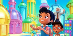 História Infantil O Sintonizador de Cores de Luminópolis. Uma ilustração vibrante com a personagem Lina segurando um prisma, Mestre Solon e Gael, rodeados pela cidade de Luminópolis, que é feita de luz e cores.