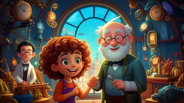 História Infantil sobre Empatia: O Segredo do Relojoeiro e a Ponte das Emoções. Uma menina aprende a entender os sentimentos alheios em uma cidade flutuante, destacando a importância da empatia.