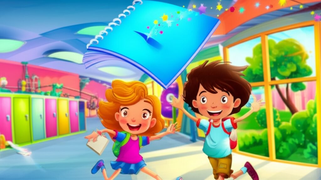 História Infantil sobre a aventura de Nina e Leo correndo atrás de um caderno voador em uma escola cheia de surpresas, com cores vibrantes.