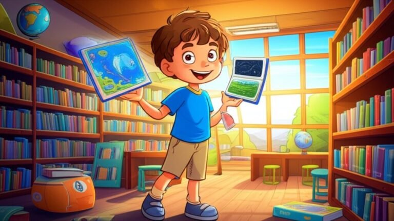 História Infantil: Uma imagem alegre e colorida de um menino descobrindo um caderno flutuante em uma biblioteca escolar vibrante, simbolizando a aventura do aprendizado na escola.