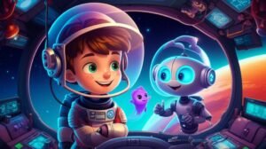 Uma ilustração vibrante da História Infantil sobre espaço: A Sinfonia Cósmica de Léo e Luna, mostrando o garoto Léo, a robô Luna e a criatura espacial Zixo dentro de sua nave, observando um planeta colorido no espaço.