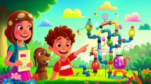 História Infantil sobre Experimento Científico: O Segredo das Nuvens Cintilantes, mostrando Léo, Flora (a capivara) e Bia em seu laboratório, com a máquina de nuvens coloridas em operação.