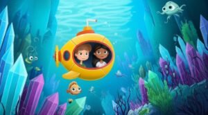 História Infantil sobre Exploração, ilustrando o título O Segredo da Cidade Submersa de Cristal, mostrando um submarino amarelo com crianças explorando uma cidade submersa de cristais brilhantes e criaturas marinhas.