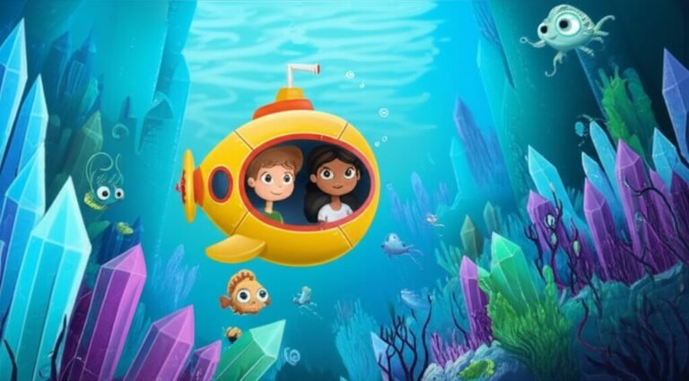 História Infantil sobre Exploração, ilustrando o título O Segredo da Cidade Submersa de Cristal, mostrando um submarino amarelo com crianças explorando uma cidade submersa de cristais brilhantes e criaturas marinhas.