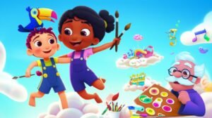 História Infantil sobre Expressão Artística: O Atelier Flutuante de Lila, mostrando a protagonista, Lila, um tucano, Beto, e o Professor Sabichão em um atelier nas nuvens.