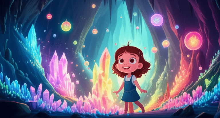 História Infantil: Melodia, uma menina, em uma caverna brilhante cheia de cristais coloridos que iluminam o ambiente, representando a expressão artística através da luz e emoção. Uma cena de descoberta e autoconhecimento.