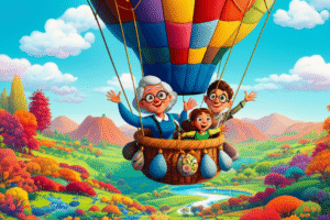 História Infantil: Ilustração vibrante da Família Silva voando em seu balão de sonhos sobre o colorido Vale das Cores, simbolizando união e aventura.
