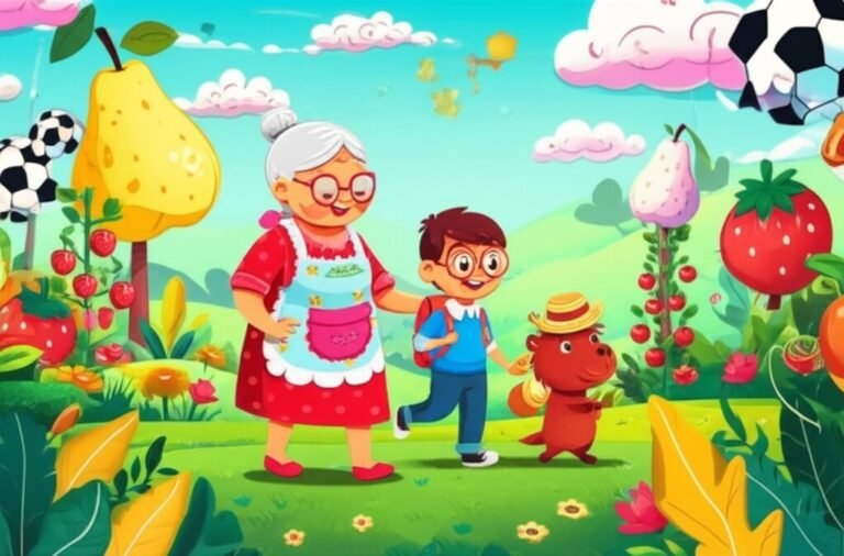 História Infantil: Ilustração da família Silva, com a vovó Cotinha, o menino Joãozinho e a capivara Pipoca, explorando a Fazenda Nuvens Flutuantes com suas frutas gigantes e nuvens mágicas. A imagem reflete a aventura e o amor familiar.