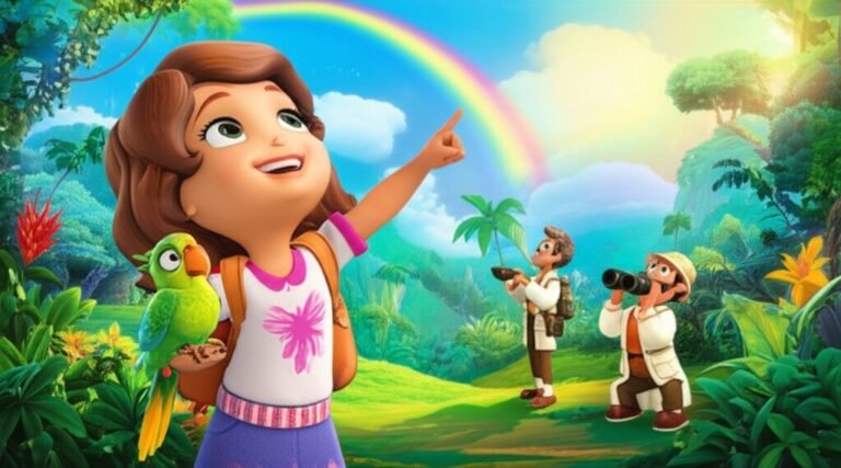 História Infantil O Enigma da Chuva Colorida e o Amigo Curioso, com uma menina e um papagaio observando a chuva colorida.