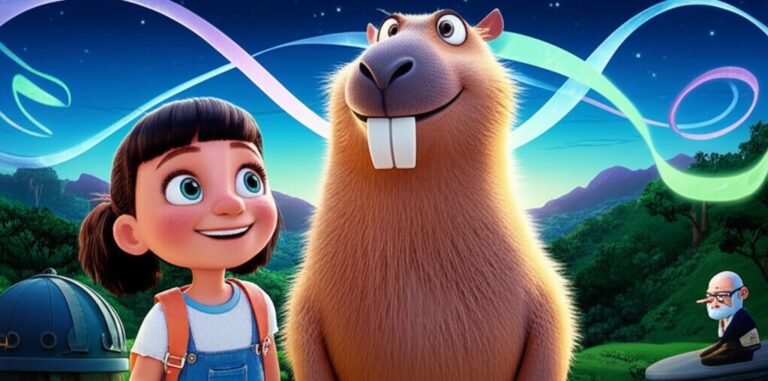 História Infantil sobre as Férias: Uma menina, uma capivara e um cientista observam juntos as luzes coloridas de um vale misterioso durante as férias.
