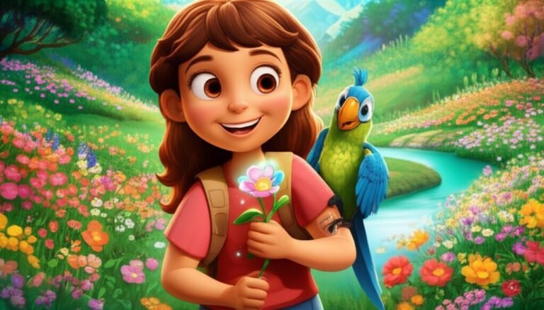 História Infantil sobre Flores O Segredo da Flor Cintilante de Serena, mostrando uma menina curiosa e um papagaio em um vale florido, celebrando a descoberta e o amor pela natureza.
