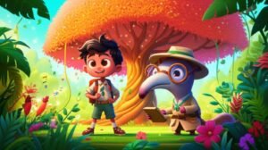 História Infantil sobre Frutas: Imagem colorida de um menino e um tamanduá explorador em uma floresta vibrante, olhando para uma mangueira com frutos brilhantes, representando a aventura da Mangueira Cantante.