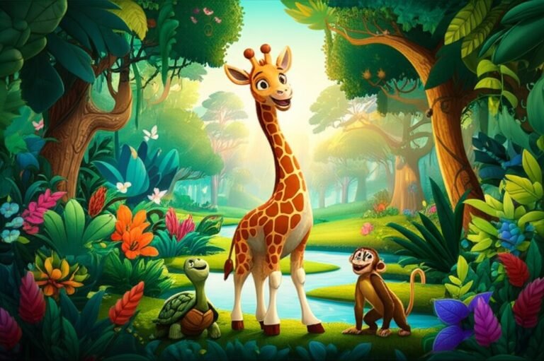 Uma ilustração da História Infantil sobre Gigi e a Floresta dos Sons Sussurrantes, mostrando a girafa Gigi com seu pescoço longo, o jabuti Teodoro e o macaco Caio em uma floresta vibrante.