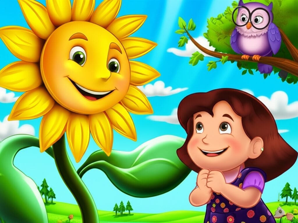 Uma ilustração colorida da História Infantil sobre girasol: A Melodia Secreta do Sol de Clara, mostrando a menina Clara, o girassol Solzinho e o Professor Sabichão em um vale ensolarado.
