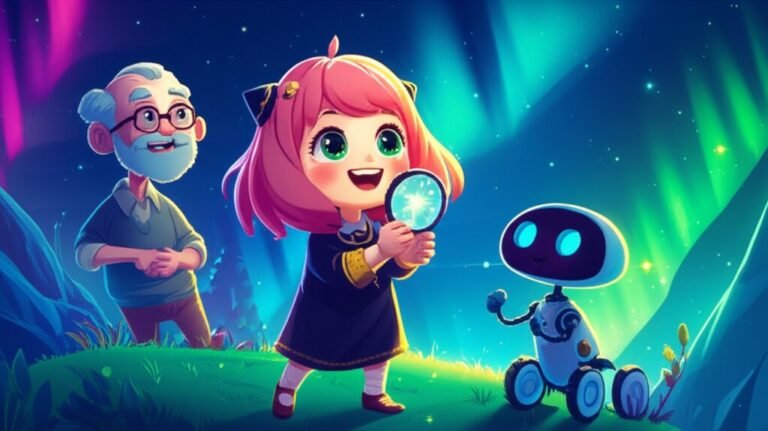 História Infantil sobre gratidão. Imagem de Anya, uma menina, com seu robô Pipo e o inventor Seu João, observando as estrelas.