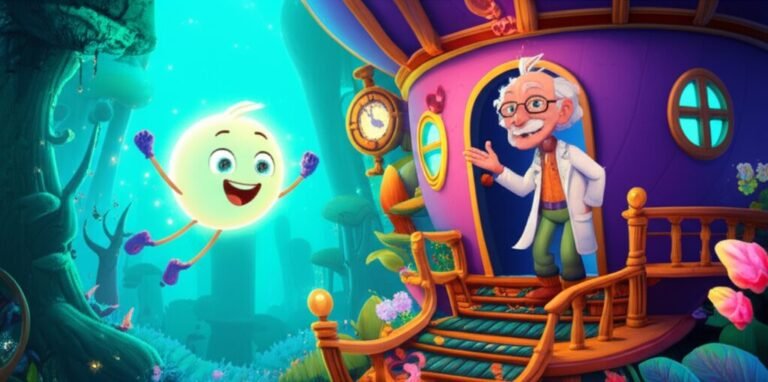 Uma vibrante ilustração da História Infantil O Brilho Secreto de Lumi no Laboratório Flutuante, mostrando a pequena criatura Lumi voando em direção ao laboratório flutuante do Dr. Amadeu em meio à Floresta Cintilante.