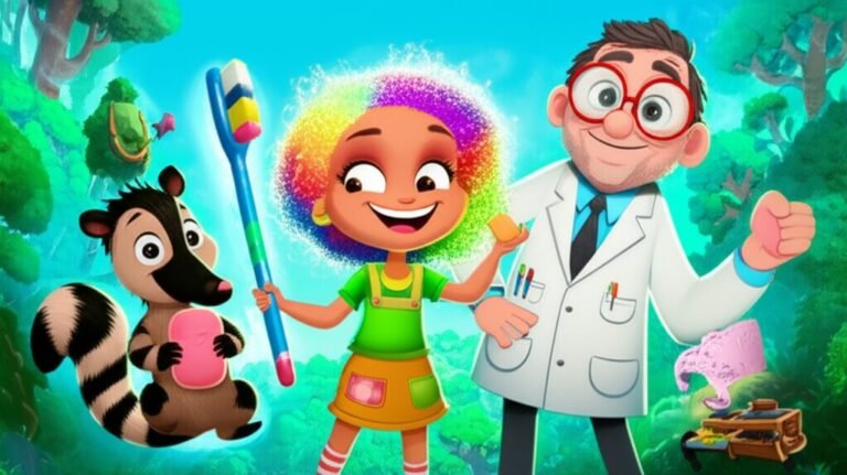 História Infantil: Ilustração alegre de Cacau com cabelos vibrantes, Seu Bento o inventor, e Pipo o tamanduá-bandeira, em um laboratório flutuante sobre a Floresta Amazônica.