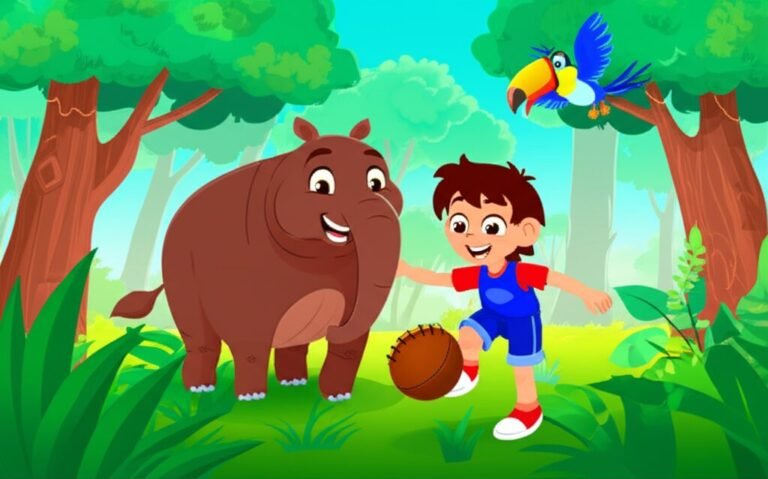 História Infantil O Dia em Que a Bola Rolou para Sempre: Uma ilustração vibrante de Léo, um menino, chutando uma bola antiga, ladeado por Dona Antônia, a anta sábia, e Tico, o tucano, em uma clareira ensolarada da floresta, simbolizando a alegria e a origem do futebol.