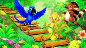 Imagem da História Infantil sobre igualdade de gênero As Asas da Invenção e os Jardins do Coração, mostrando uma arara-azul inventora e um mico-leão-dourado jardineiro em uma vila colorida na floresta.