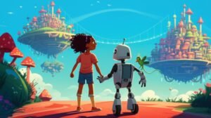 História Infantil sobre inclusão, mostrando a Cidade Suspensa de Aeris com personagens Olívia, Rico e Kai. A imagem representa a união de diferentes bairros e a celebração da diversidade.