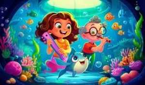 História Infantil sobre Instrumentos Musicais: Ilustração de Marina, Professor Juju e Beto o Baiacu tocando instrumentos musicais feitos de elementos do oceano em um vibrante laboratório subaquático.