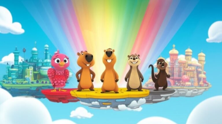 História Infantil sobre Inteligência Emocional: Ilustração vibrante de Chico, a capivara, Lara, a sabiá, e Bento, o tatu, em uma cidade de nuvens flutuantes cheia de cores, representando a jornada de aprendizado emocional.