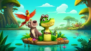 História Infantil sobre Jacaré: Ilustração de Joca, um jacaré inventor, com seus amigos Quinho, a capivara, e Araci, a arara, em sua invenção flutuante no Pantanal.