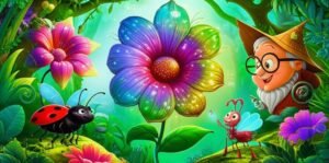 Imagem da História Infantil A Aventura Colorida de Luna no Vale do Sabiá, com a joaninha Luna, o besouro Seu Bento e a formiga Jubileu em um bosque vibrante, descobrindo uma flor brilhante e colorida.