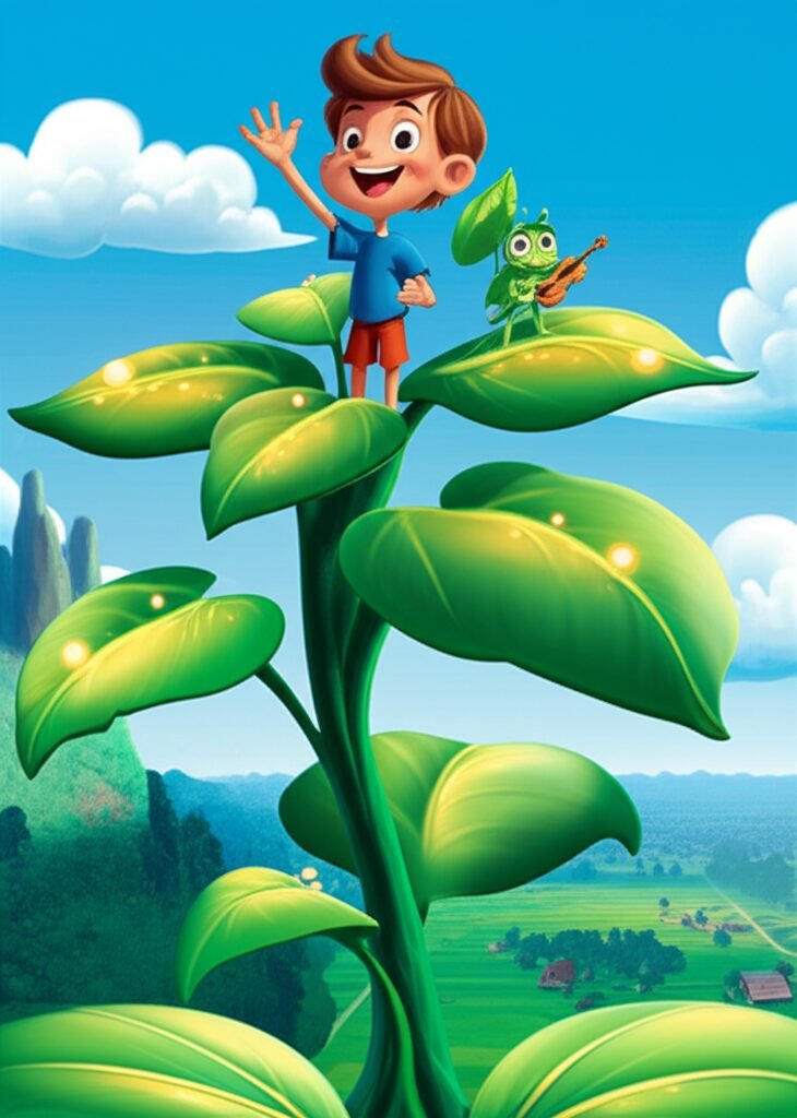 História Infantil sobre a aventura de Joca e o Mini-Grilo Cricri na Planta Luminosa, com Joca subindo na planta.