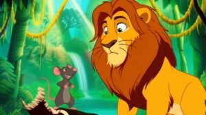 História Infantil: Imagem de um leão e um ratinho amigáveis, mostrando a amizade e a superação, no cenário vibrante da Floresta do Cipó Dourado.