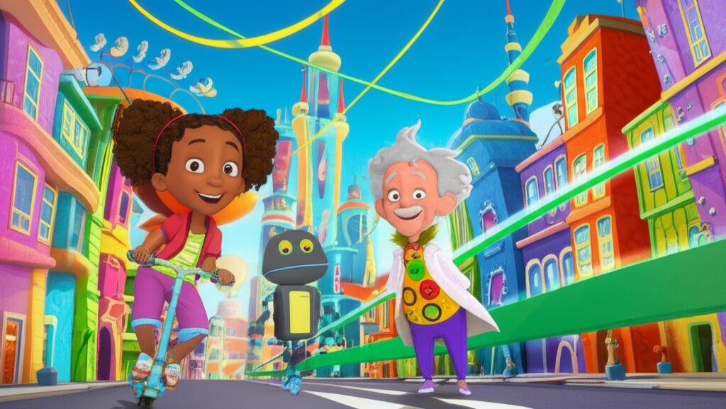 História Infantil sobre Leis: Uma ilustração colorida da Cidadela das Regras Coloridas com a menina Clarinha, o Dr. Juca inventor e o Robô R.O.D.A., em meio a fitas de luz que representam as leis da cidade.