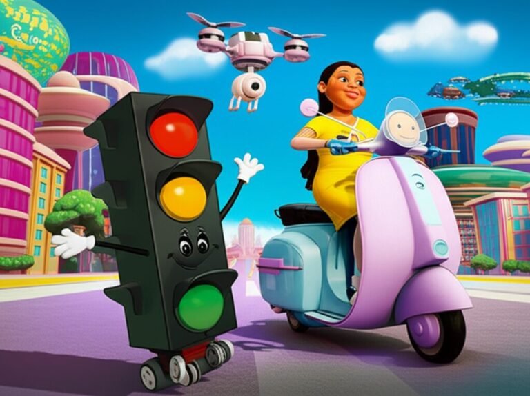 História Infantil sobre as leis de trânsito, com o Semaforinho Lelé, Dona Clementina e Pipoca explorando a Cidade Rodante e aprendendo sobre segurança viária.