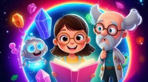Imagem da História Infantil A Aventura do Livro Luminoso no Planeta Cósmico, com Luna, o Professor Sabichão e o robô Orion explorando uma biblioteca espacial e um planeta de cristal, destacando o tema da leitura e aventura.