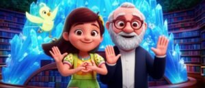 Imagem da História Infantil sobre linguagem de sinais, apresentando a personagem Marina aprendendo a se comunicar com Senhor Gaspar e o passarinho Lumi na Biblioteca dos Sons Silenciosos.