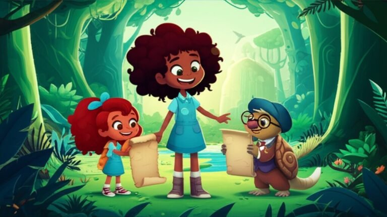 História Infantil: Imagem vibrante de Cora, Professor Tadeu e Doutor Jabuti na Floresta Sussurrante, representando a aventura sobre linguagem e palavras.