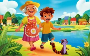 História Infantil sobre Lixo: Ilustração de Juca, Dona Flora e Quinho na margem de um rio limpo, representando a aventura da Família Girassol para cuidar do meio ambiente.