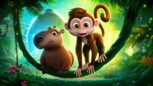 História Infantil sobre Macaco: Uma ilustração vibrante mostrando o macaco Nino e a capivara Cora explorando a Floresta Cintilante, com uma estrutura misteriosa ao fundo. A imagem representa a aventura e a amizade da História Infantil.