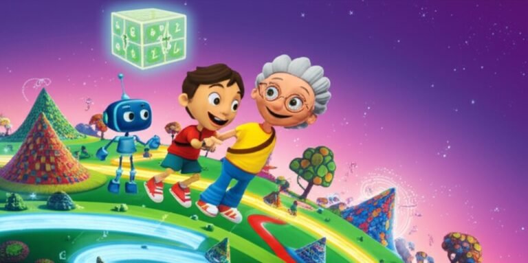 História Infantil sobre a matemática: Imagem de um menino, uma professora e um robô explorando um planeta feito de números e formas geométricas.