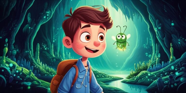 Uma ilustração da História Infantil O Brilho Escondido da Caverna Misteriosa, mostrando o menino Leo e um besouro-luminoso em uma caverna brilhante.
