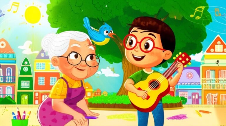 História Infantil: Ilustração vibrante de Pedro Henrique, Dona Clara e Fafá o passarinho, simbolizando a superação do medo e a alegria de uma melodia reencontrada na Cidade dos Sons Sussurrantes.