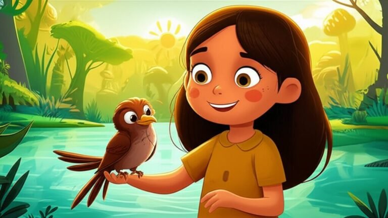 Texto Alternativo: Imagem da História Infantil sobre meio ambiente infantil A Aventura de Clara e o Rio Encantado, mostrando Clara, uma menina alegre, e Seu João de Barro, um pássaro, explorando um rio limpo e uma floresta vibrante, simbolizando a importância do cuidado com a natureza.