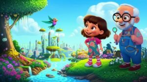 História Infantil sobre Meio Ambiente: A Jornada de Flora e o Jardim Flutuante. Imagem da capa mostra Flora, Seu Bento e Quinho em um cenário vibrante de um jardim flutuante e um rio cristalino.