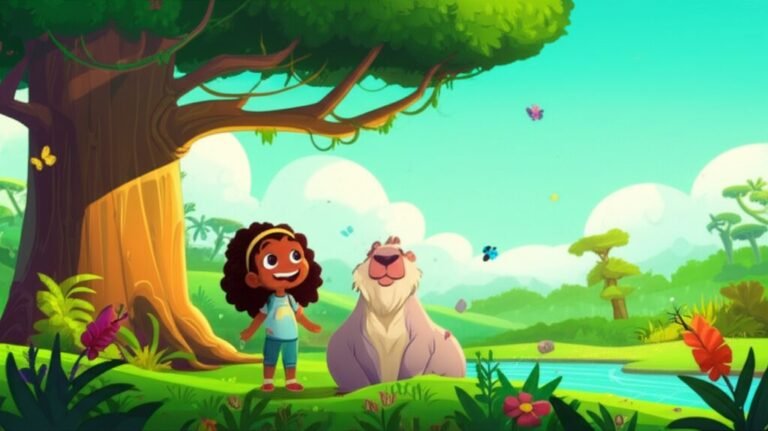 História Infantil sobre o Meio Ambiente com Lina e Capi, mostrando a capivara e a menina em um vale exuberante, simbolizando a preservação ambiental e a amizade.