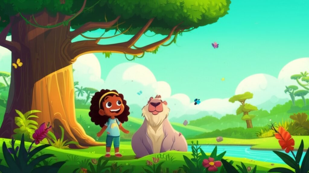 História Infantil sobre o Meio Ambiente com Lina e Capi, mostrando a capivara e a menina em um vale exuberante, simbolizando a preservação ambiental e a amizade.
